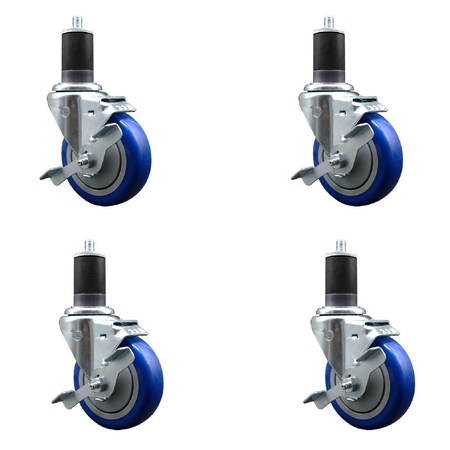 Service Caster 4'' Blue Poly Swivel 1-5/8'' Expanding Stem Caster Set with Brake, 4PK SCC-EX20S414-PPUB-BLUE-TLB-158-4